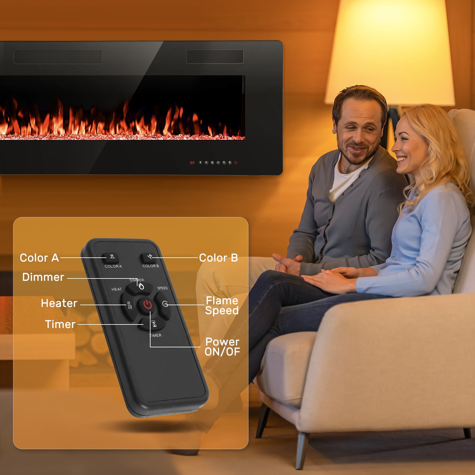 KISSAIR 60 inch Embedded Wall Mounted Indoor Fireplace, Ultra-thin Low Noise Lightweight LED Fireplace Heater, Touch Screen, Timer, 1500W, Adjustable Flame Color and Speed, Black