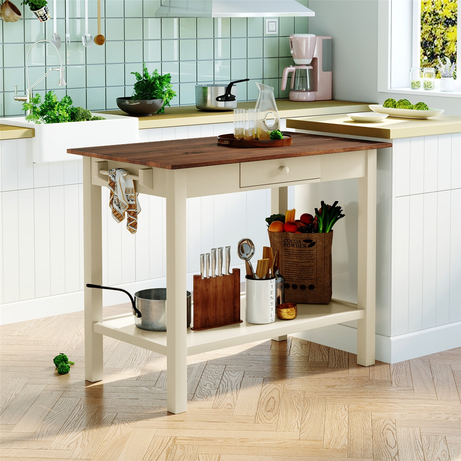 Rubber Wood Kitchen Island, MultiPurpose Dining Table with 1 Drawer, 1