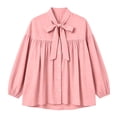 thumbnail image 3 of Ayolanni Ruched 2026 Spring Outfits 3/4 Sleeve Scoop Neck Cotton Linen Solid Blouse Button Down Tie Front Puff Ladies T-Shirt Tops for Women 2026 Pink S, 3 of 6