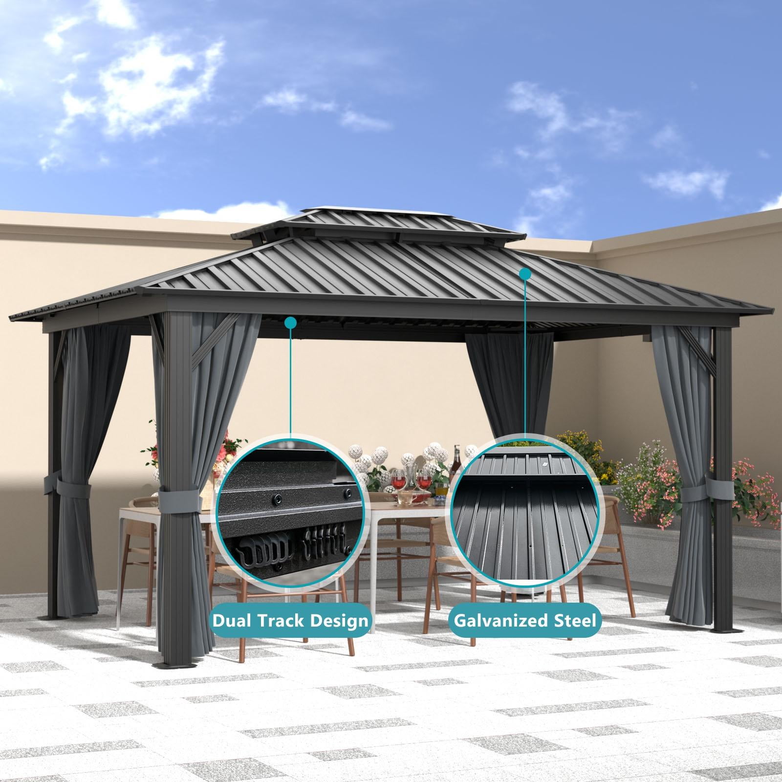 Sunmthink 10x12 ft. Hardtop Gazebo with Mosquite Netting, Double Metal Roof for Lawn and Garden, Brown