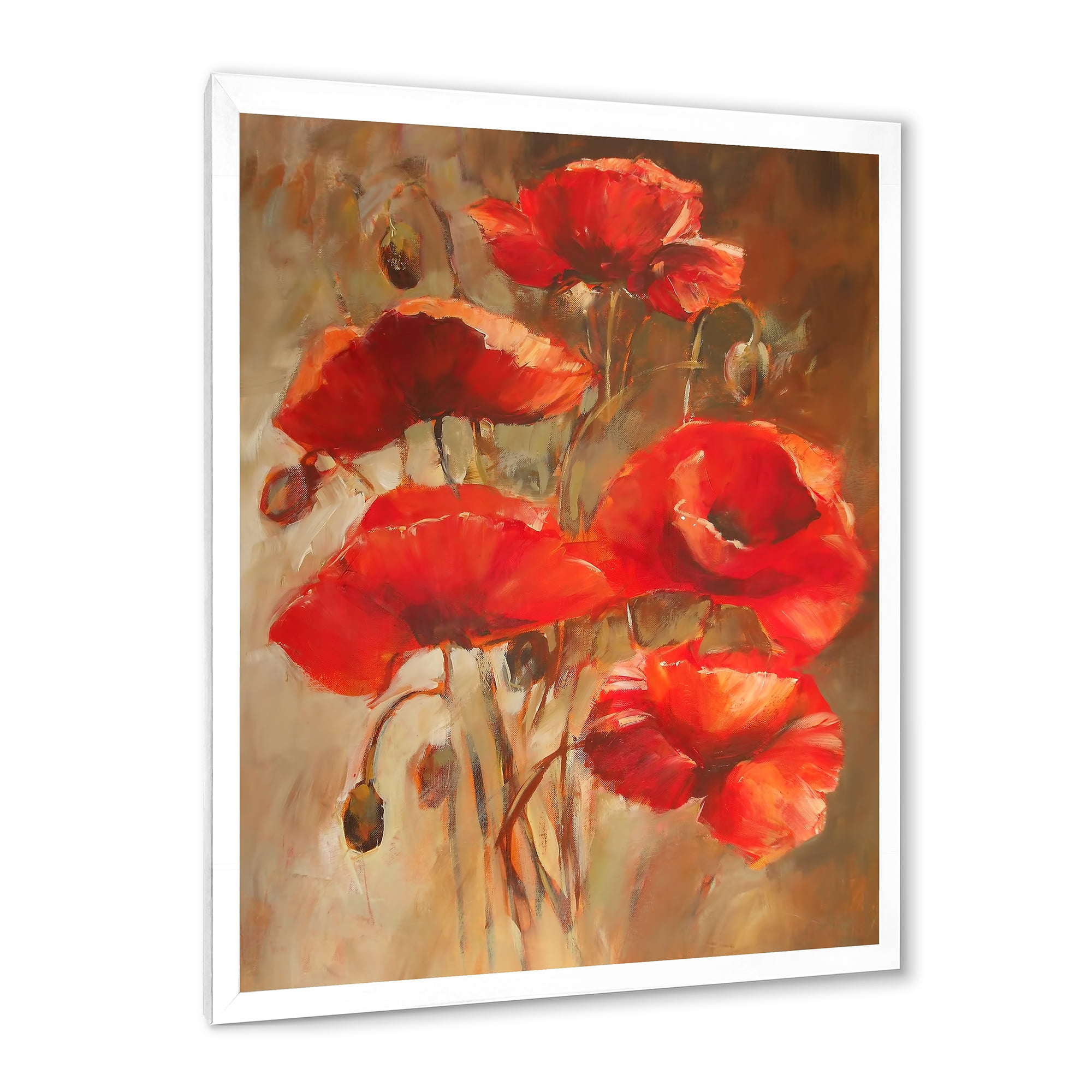 Designart 'Red Blossoming Poppies Over Wild Brown II' Traditional Framed Art Print