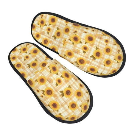 

Jgfou Coffee Plaid Sunflower Print Womens Cozy Memory Foam Slippers Soft Warm Slip On House Slippers Anti-Skid Rubber Sole Creative Gifts for Women Mom Girlfriend