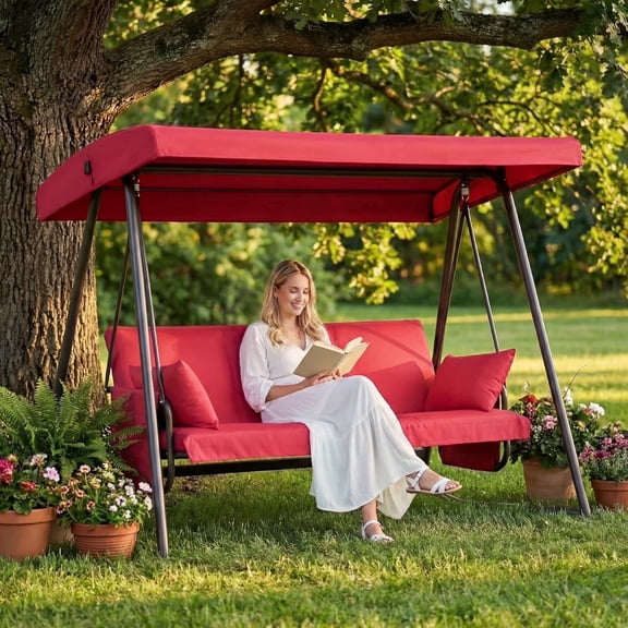 CHINNLUU Oversized 4 Person Porch Swing with Stand 800 LBS Capacity Adjustable Canopy Backrest Includes Cushions Pillows Patio 2 in 1 Swing Bed for Backyard Garden Poolside, Burgundy
