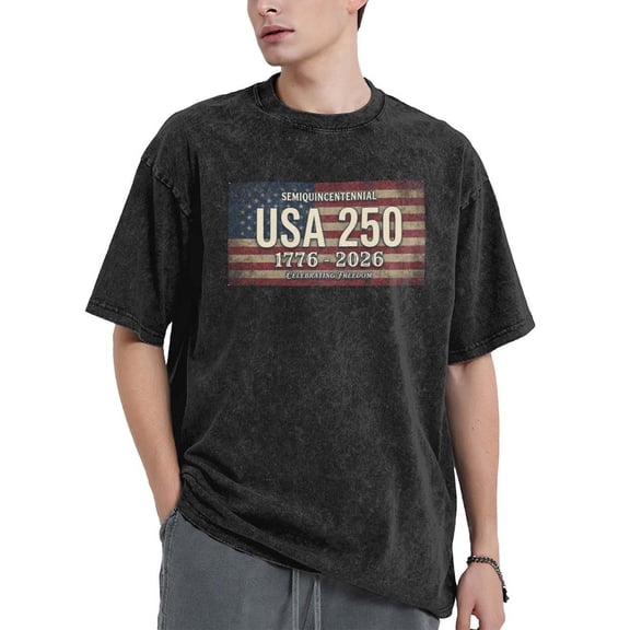 USPEED Vintage Washed Oversized T-Shirt, USA 250 Semiquincentennial 1776-2026 American Flag Patriotic Graphic Short Sleeve Crewneck Casual Top for Men Women