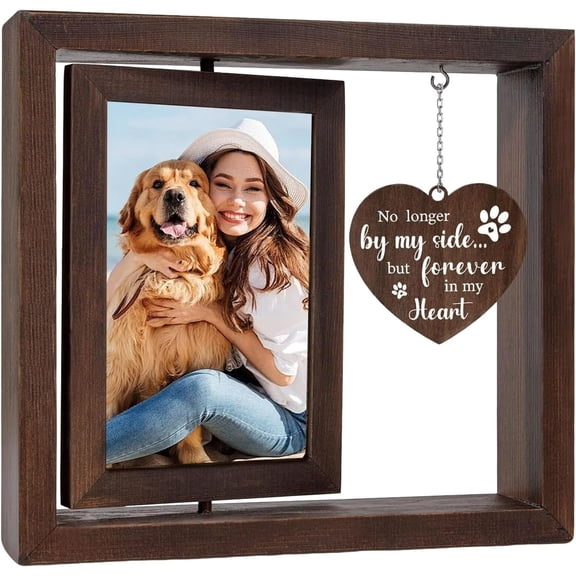 SONGAUN Mindu Pet Memorial Photo Frame – Dog Memorial Gifts – Pet Loss Gifts – Double-Sided Rotating Wooden Keepsake with Heart Plaque Engraved “No Longer by Our Side but Forever in My Hearts”