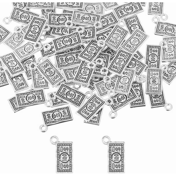 1 caja de 100 amuletos de dinero a granel con forma de billete de 100 dólares, moneda, dije de aleación de plata.