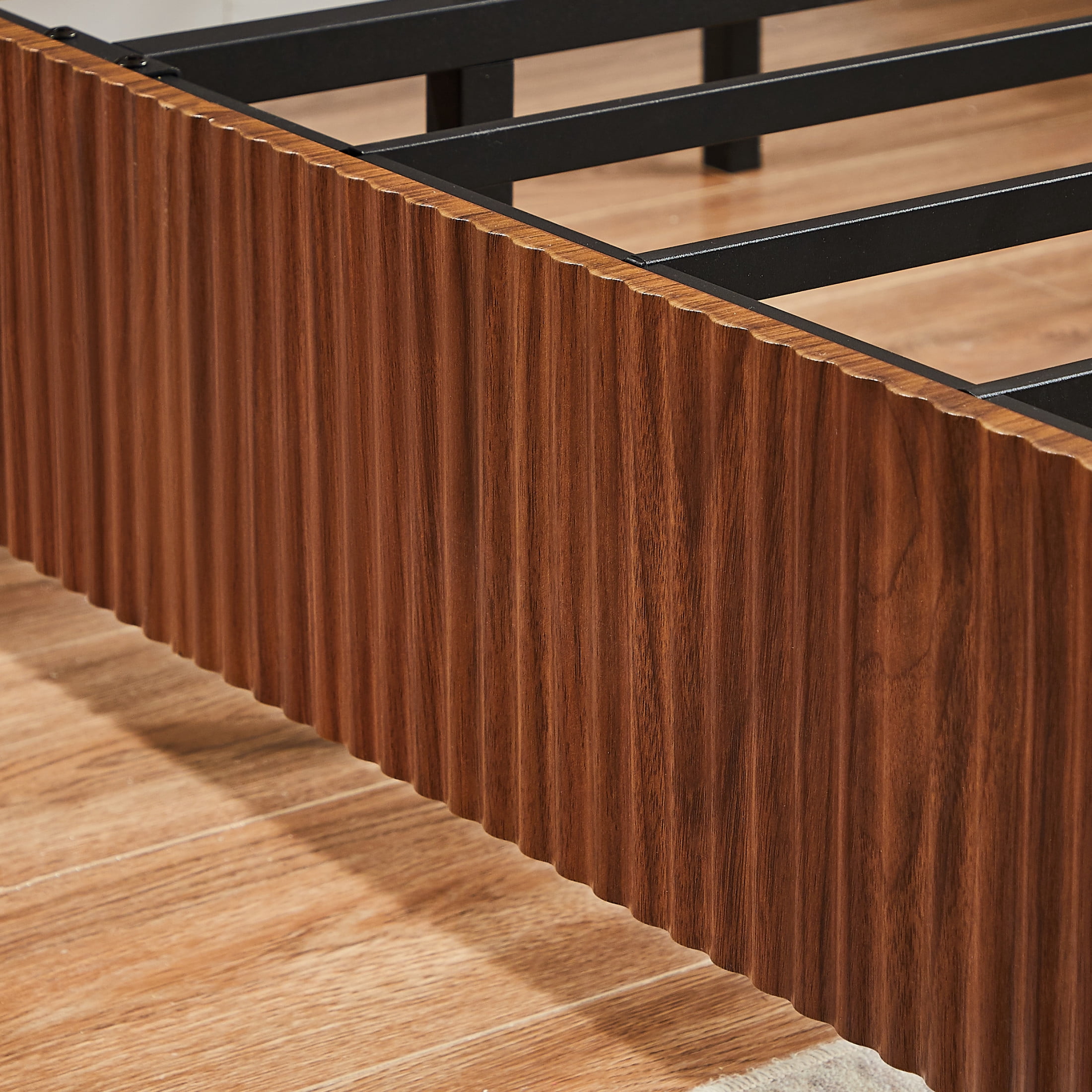 Noble House Solley Full Platform Bed, Rustic Curved Wooden with Corrugated Accents, Heavy-Duty Frame, Walnut