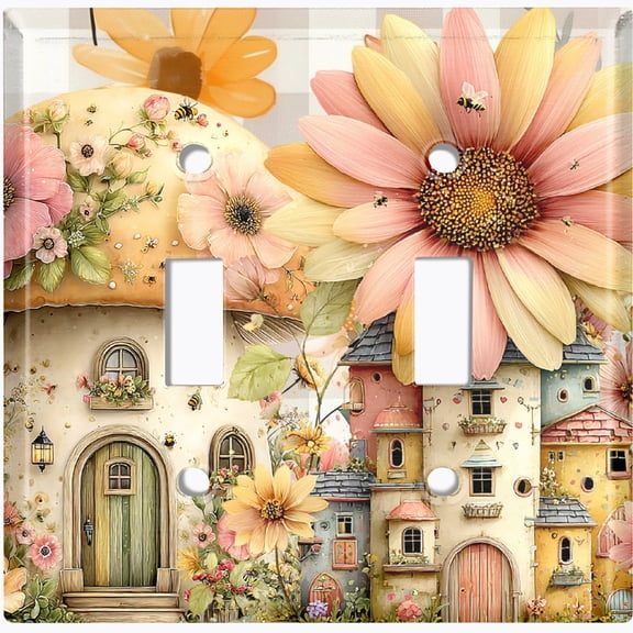 Metal Light Switch Wall Plate Outlet Cover (Printed Image of Floral Bird House - Double Toggle)