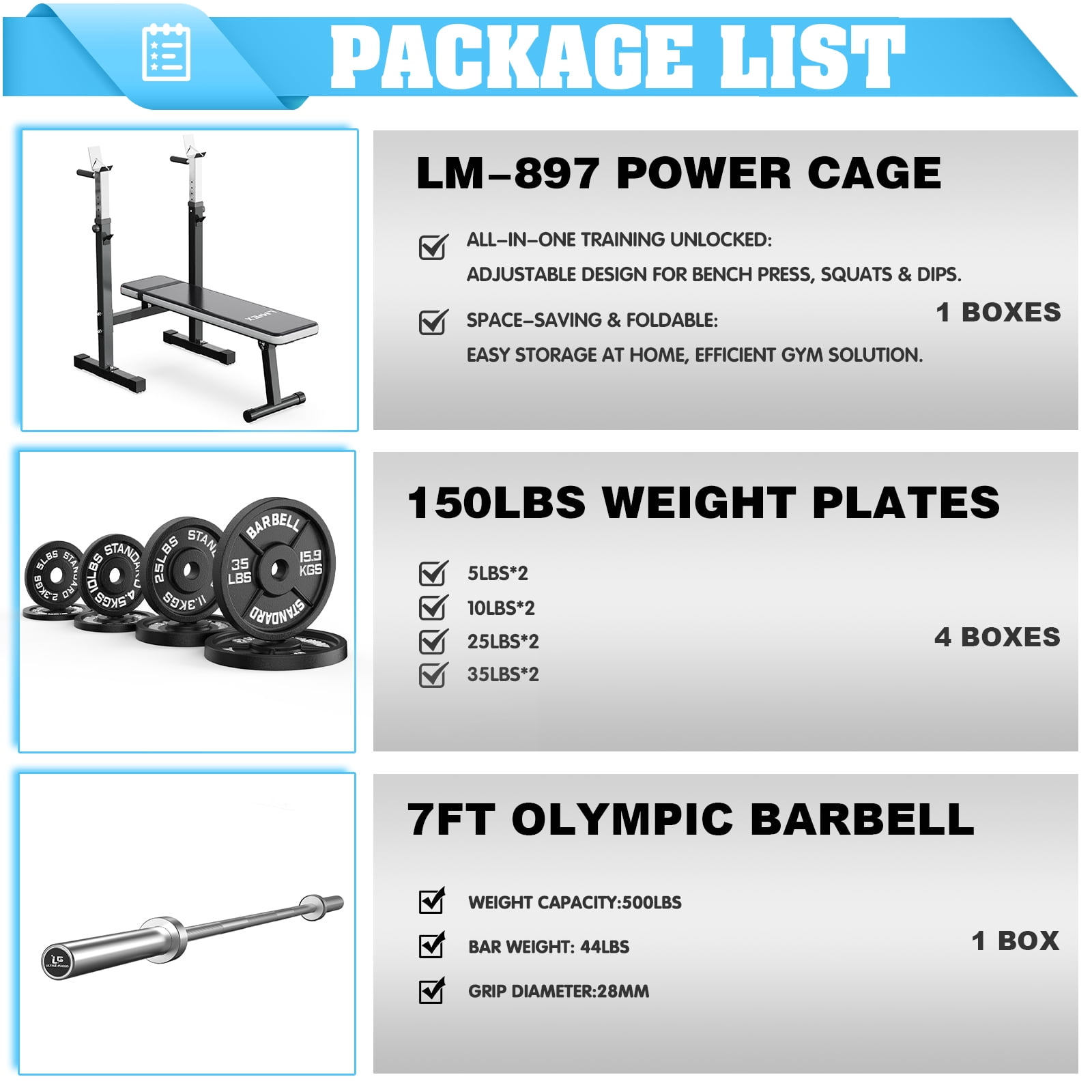 Lmdex Adjustable Weight Bench Press with Squat Rack & Folding Dip Station, Complete Home Gym Set with 150lbs Weight Plates and Olympic Curl Bar for Full Body Strength Training (Grey）