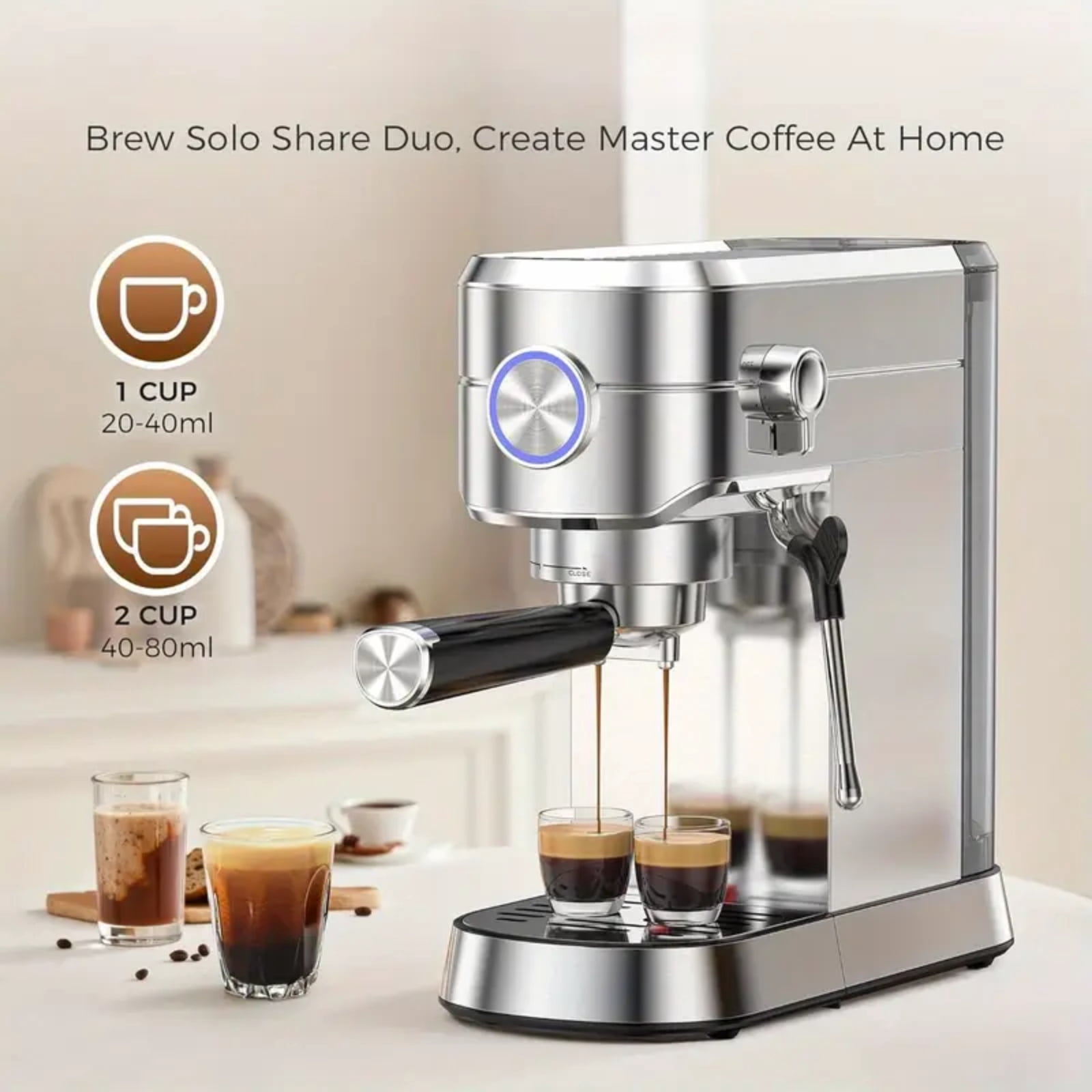 Auseo 20 Bar Espresso Coffee Maker with Milk Frother Steam Wand, 40oz Removable Water Tank, Espresso/Cappuccino/Latte/Mocha for Home, Stainless Steel