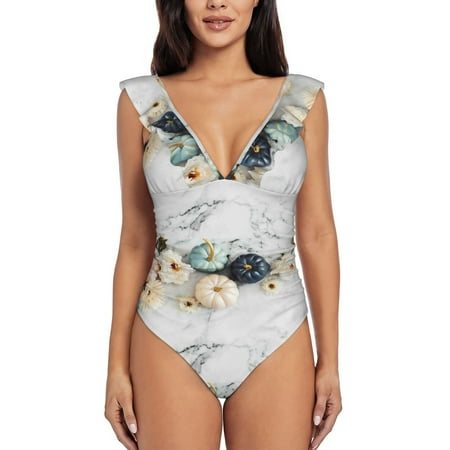 Adobk Pumpkin And White Marble Print Women s Swimsuits Slimming One Piece Bathing Suit Ruffle Wrap V Neck Swimwear - Large