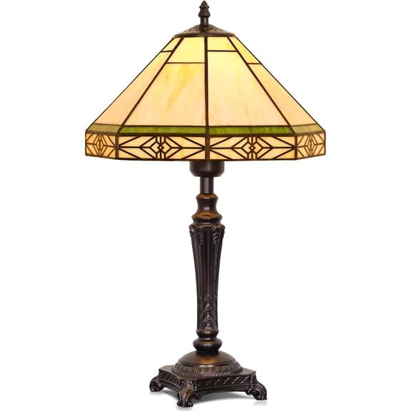 Table Lamp, Vintage Style Desk Lamp with Stained Glass Shade, Mid Century Modern Bedside Nightstand Decorative Lamps with Rocker Switch, Unique Accent Light for Bedroom Living Room (E26 Base)