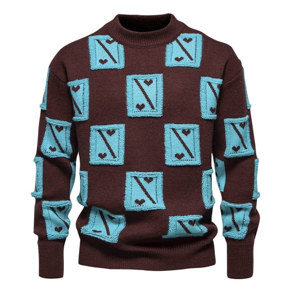 Men's Long Sleeve Sweaters Mock Neck Color Block Sweater Casual Pullover Tops Trendy Jacquard Sweatshirt Coffee M