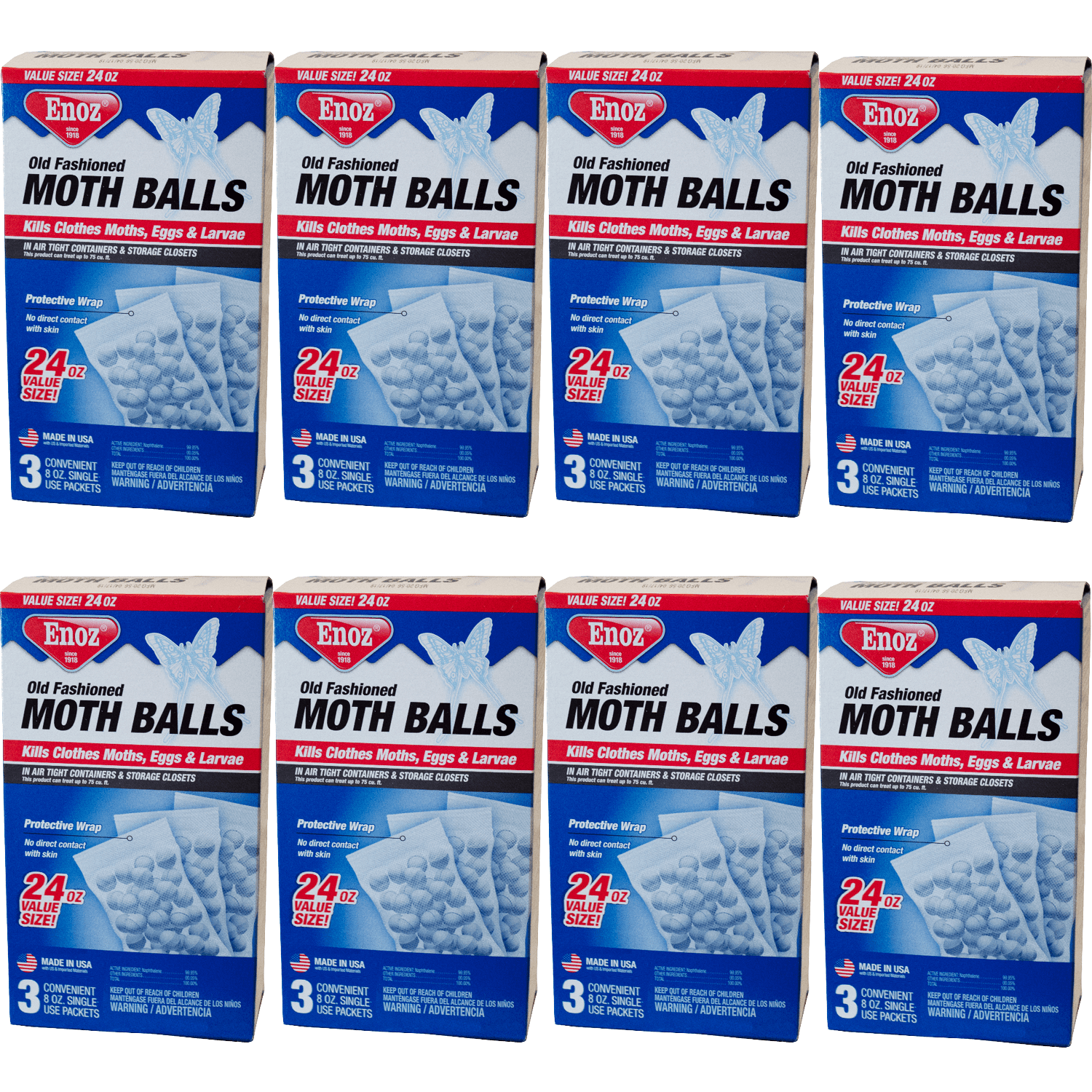 Enoz Old Fashioned Moth Balls, Naphthalene Balls, 3 Single-Use Packets, 24 oz, 8 Pack