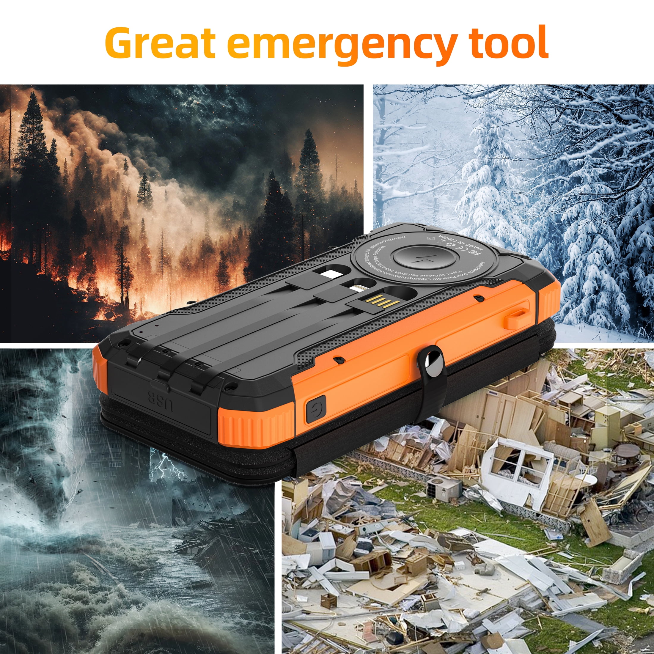 SOLPOWBEN 20000mAh Solar Power Bank With 4 Solar Panels,Portable Charger with Built-in 3 Cables and 22.5W Fast Charging,Phone Charger Compatible with iPhone/Android-Camping/Travel Essentials(Orange)