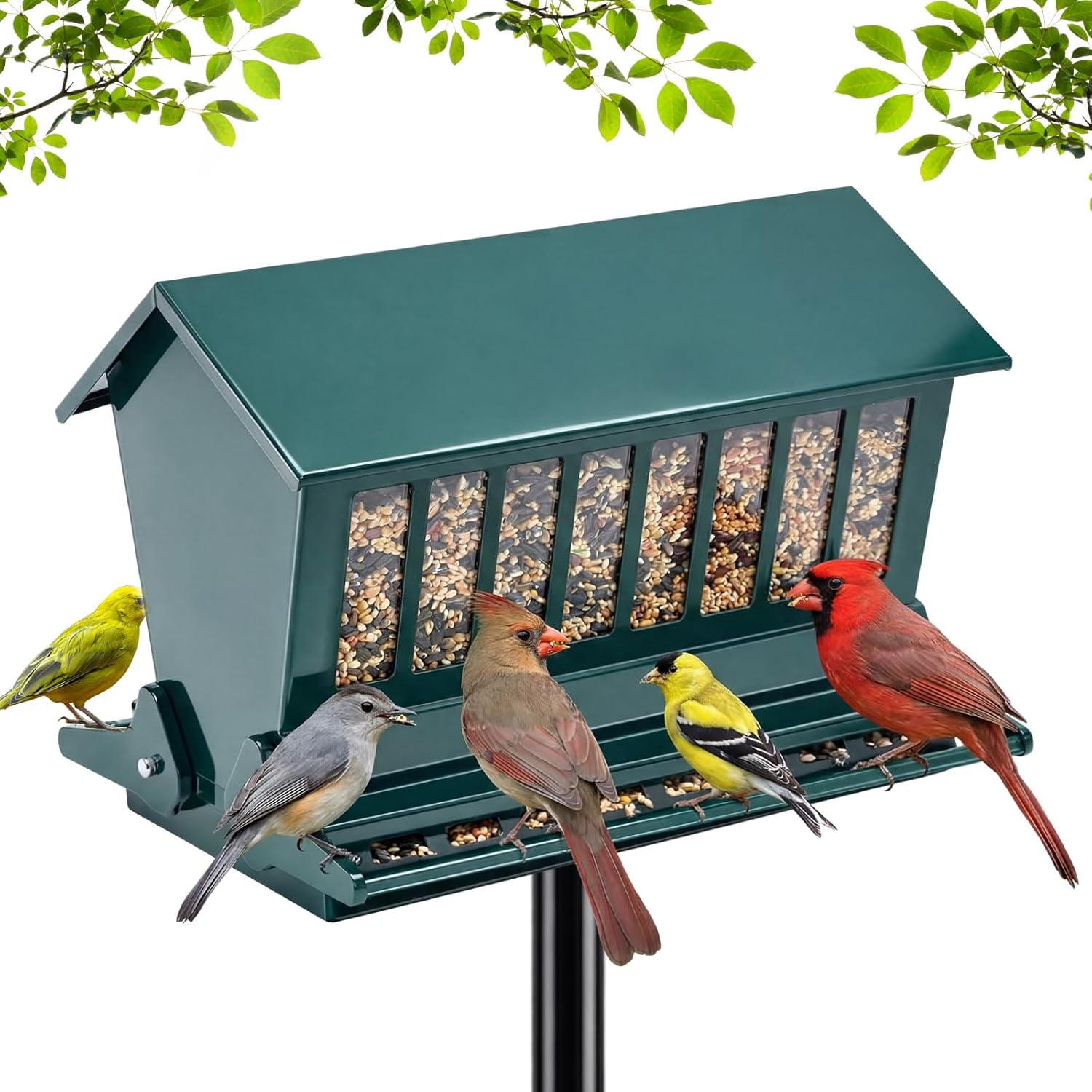 Squirrel Proof Bird Feeder Metal 12lbs Large Capacity for Cardinals Chickadees Green Bird Feeder on Pole for Outdoors, Not Including Pole