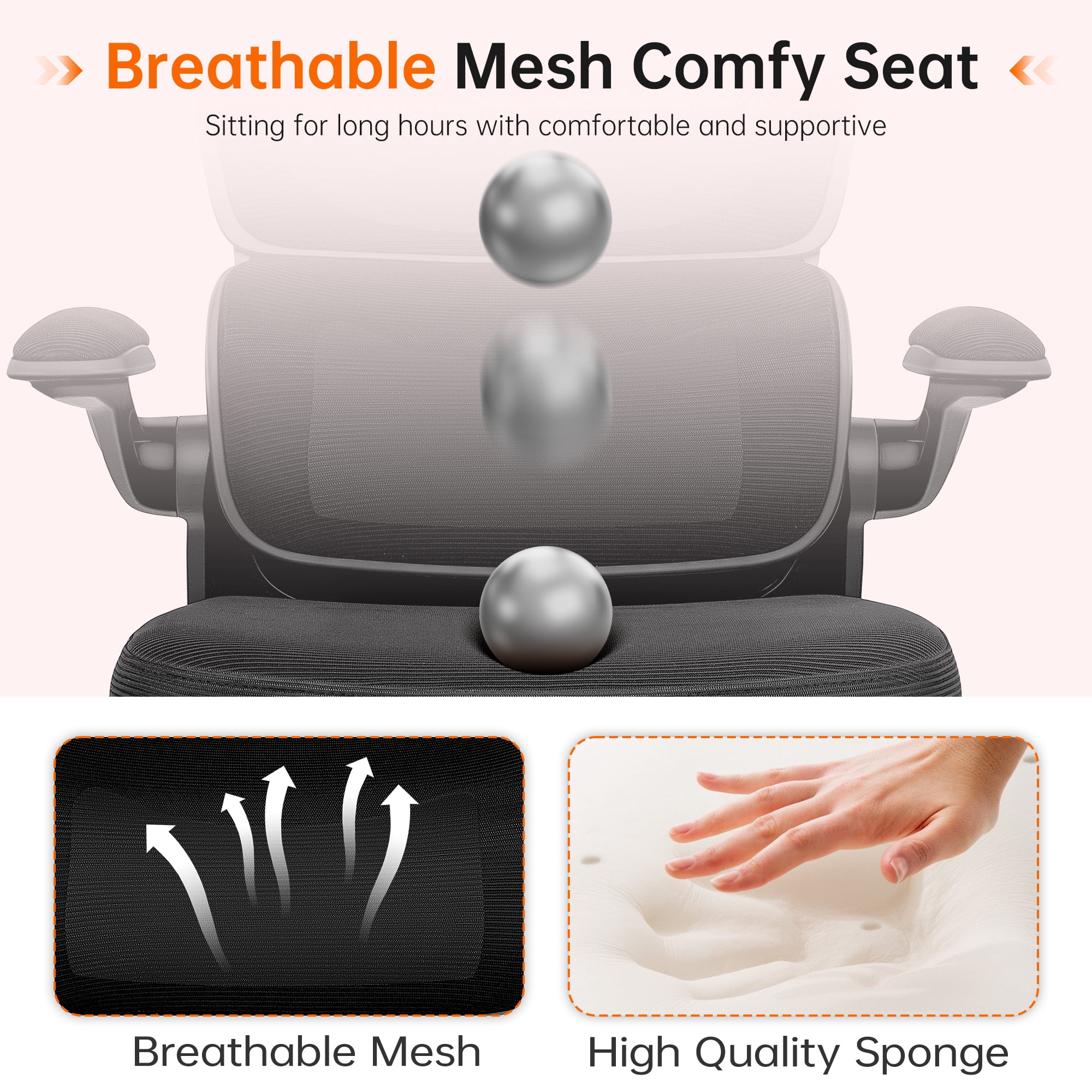COOLHUT Office Chair, Ergonomic Desk Chair with Lumbar Support and Adjustable Armrests, Breathable Mesh Computer Gaming Chair, Reclining Task Chair for Home Office, Black