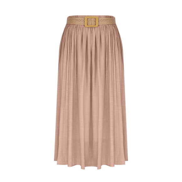 TaTaai Women Casual Cotton Linen Solid Color Skirt Elastic Waist A-Line With Belt Lightweight Machine Washable No Fading Versatile Daily Outdoor Wear Maxi Skirt Gift