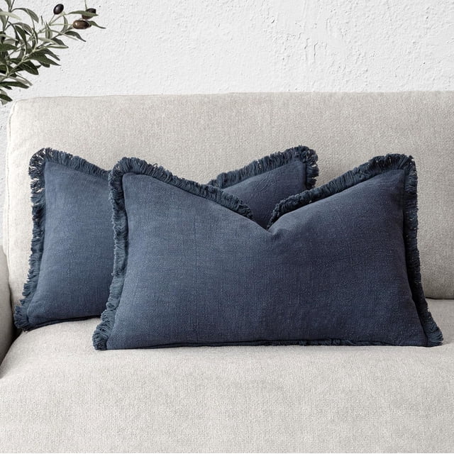 Juego de 2 Fundas de Almohada Lumbares de Lino Bohemio con Flecos para Decoración de Sofá y Sofá, 1220 Pulgadas, Azul