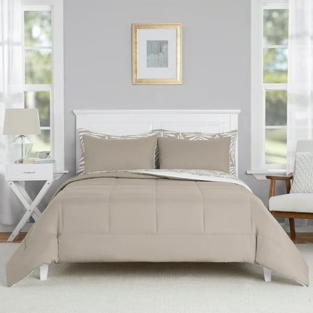 mainstays 7 piece reversible bed in a bag comforter set with sheets, beige palm, queen