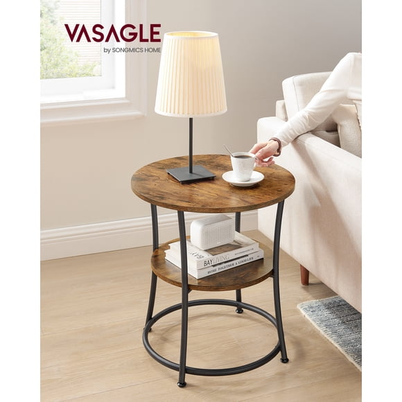 VASAGLE Mesa Auxiliar, Mesa Auxiliar con 2 Estantes, Mesa Redonda Pequeña para Salón, Dormitorio, Industrial, Marrón Rústico y Negro