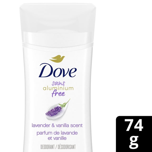Dove Aluminum Free Déodorant for Women with 1/4 Moisturizers Lavender & Vanilla Scent in a white stick container with clear cap, featuring the Dove logo and lavender sprig illustration, 74g size, offering gentle, aluminum-free odor protection