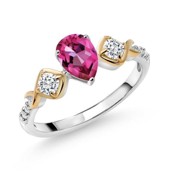 Gem Stone King 925 Sterling Silver and 10K Yellow Gold Pear Shape Pure Pink Mystic Topaz White Moissanite and White Lab Grown Diamond Women Ring (1.13 Cttw, Size 8)