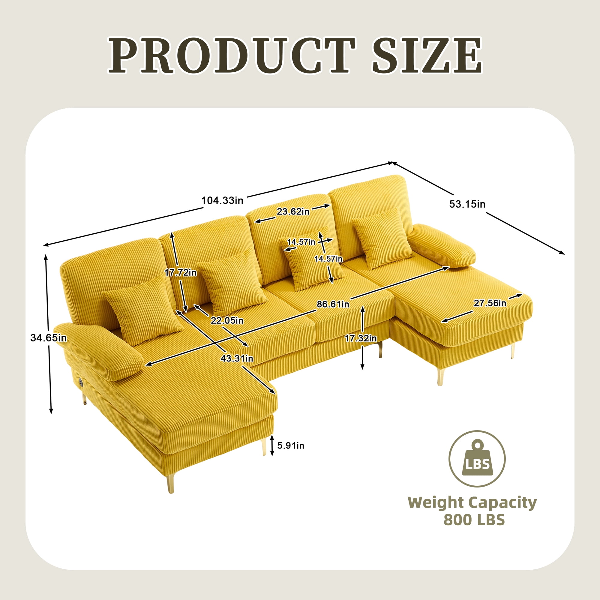 Homefun U-Shaped Corduroy Sectional Sofa 4-Seat with 2 Chaise Large Couches with USB Intelligent Lighting