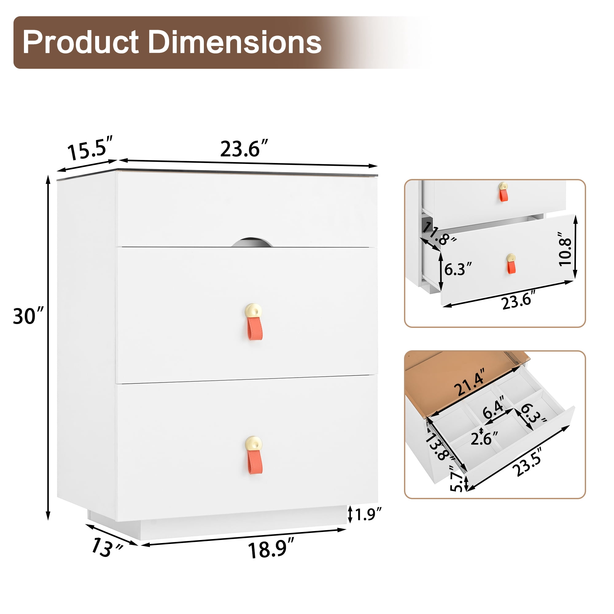 Aukfa 3 Drawer Dresser, Bedside Table Nightstand w/Glass Top Jewelry Storage LED Light for Cloakroom/Bedroom/Livingroom,White