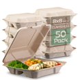 thumbnail image 1 of 100% Compostable Clamshell Take Out Food Containers [8X8" 3-Compartment 50-Pack] Heavy-Duty Quality to go Containers, Natural Disposable Bagasse, Eco-Friendly Biodegradable Made of Su, 1 of 4