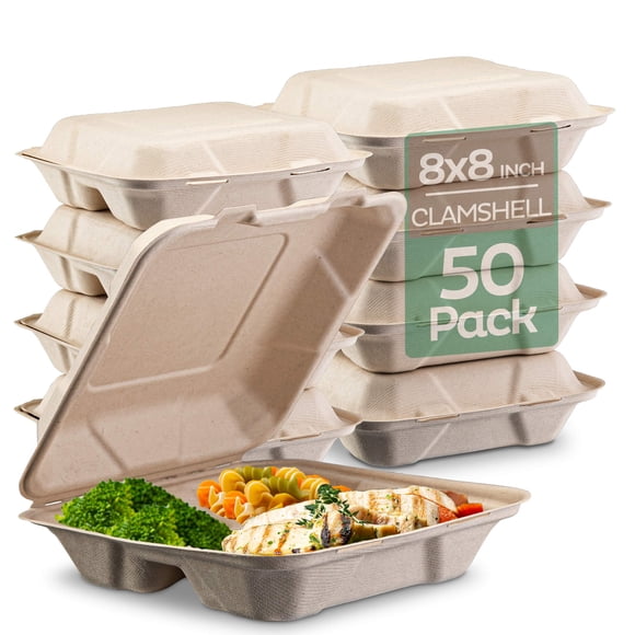Contenants Alimentaires à Emporter 100 % Compostables [8X8" 3 Compartiments Lot de 50] Contenants de Qualité Robuste à Emporter, Bagasse Jetable Naturelle, Biodégradable Écologique en Su
