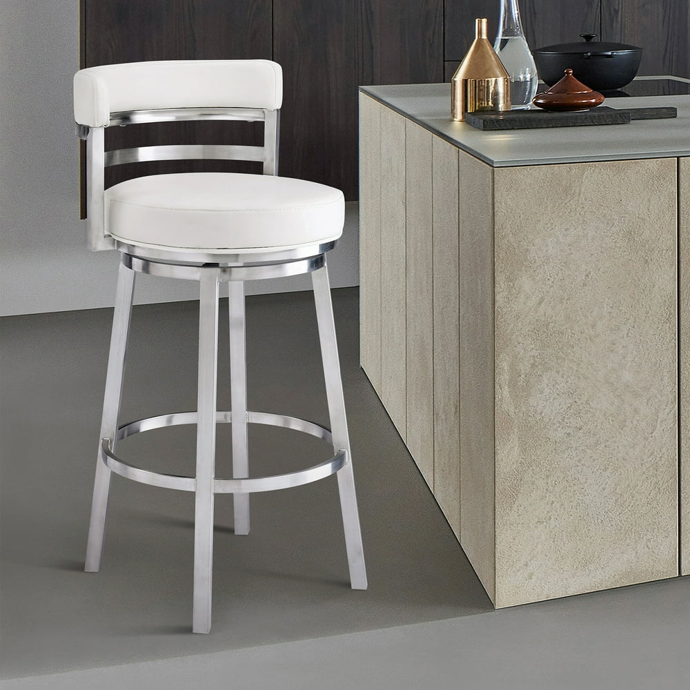 Reese Contemporary 26" Counter Height Barstool in Brushed Stainless Steel Finish and White Faux