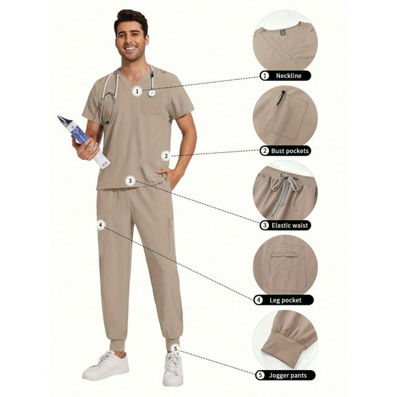 New Multicolor Two Pcs Set Men's Scrub Suit Nurse Uniform V Neck Short Sleeve Scrub Top Jogging Pants Work Clothes Doctor