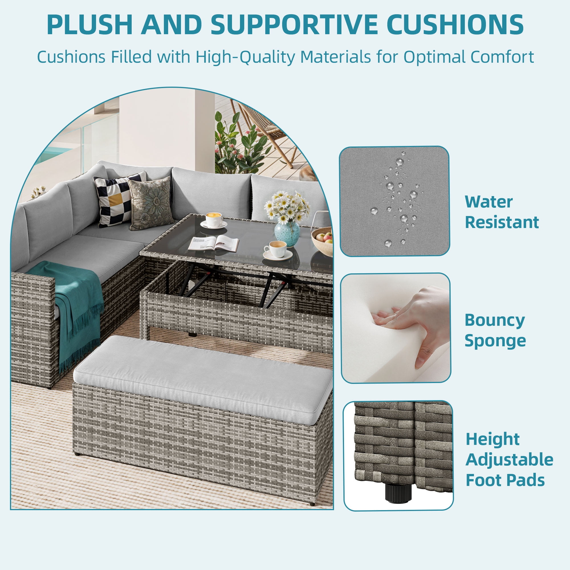 Dextrus Patio Wicker Furniture Set, 6-Piece Outdoor Sectional Sofa with Stools and Lift-Top Coffee Table, All-Weather Conversation Set for Garden, Backyard, Gray