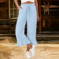 thumbnail image 2 of Qgtaibl Women's Elastic Waist Cotton Capri Pants Fashion Drawstring Ruffle Hem Lounge Cropped Pants Summer Loose Fit Flowy Beach Wide Leg Pants with Pockets Light Blue M, 2 of 7
