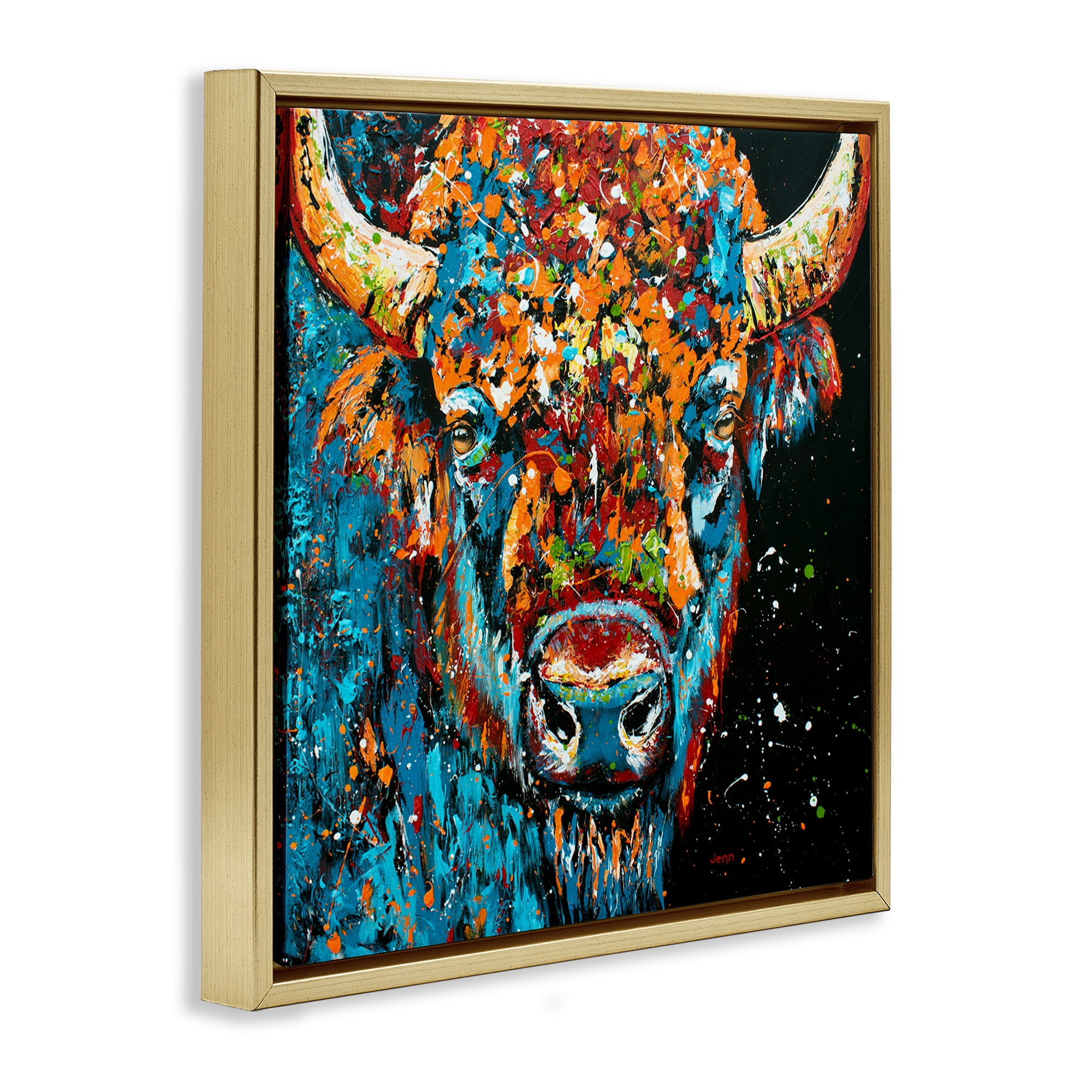 Stupell Industries Modern Bison with Paint Splatter Animals & Insects Painting Gold Floater Framed Canvas Art Print Wall Art, 25 x 25