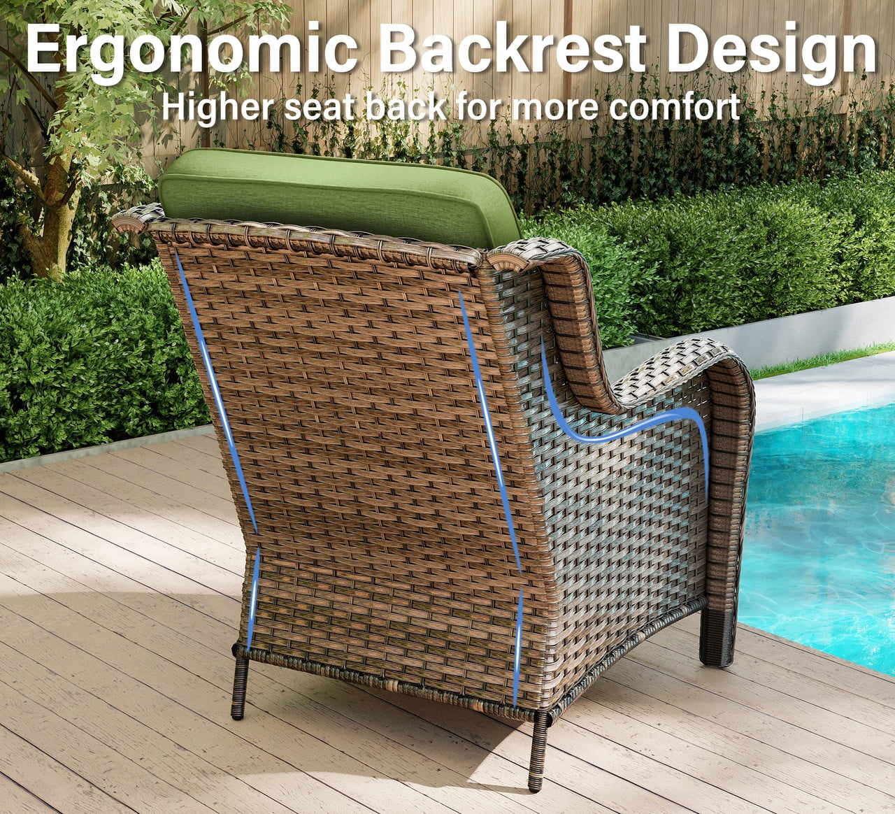Meetleisure 6 Piece Wicker Patio Furniture Set, Rattan Chairs with Ottomans, High Back, Deep Seating, Wide Armrest, Thick Cushions for Deck Porch, Green