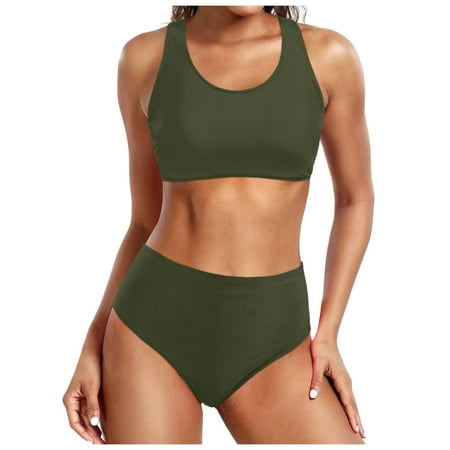 Womens Swimsuits Solid Color Strappy Round Neck Push Up Bra And Panty Set Vintage Tow Piece Tankini Swimsuits For Women Swimwears Beachwear Army Green L