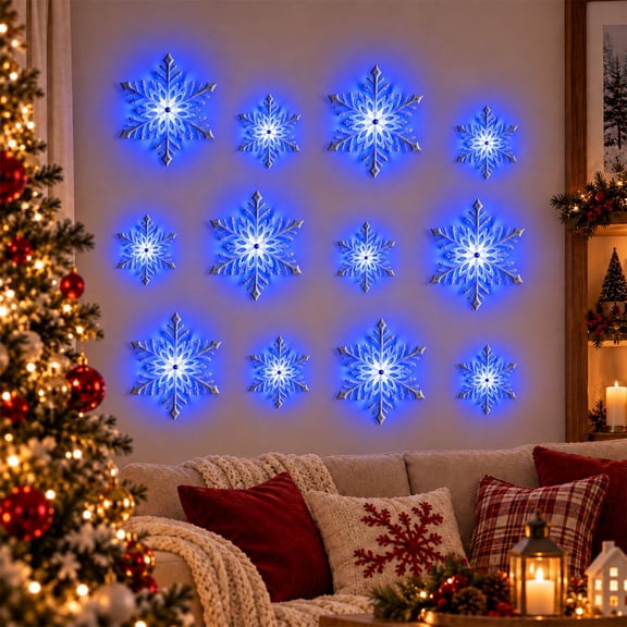 LED Snowflake Wall Lights, 12-Piece 3D Christmas Decor with Remote