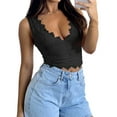 thumbnail image 3 of Womens V-Neck Sleeveless Going Out Y2K Trendy Lace Cropped Tank Tops Black S, 3 of 8