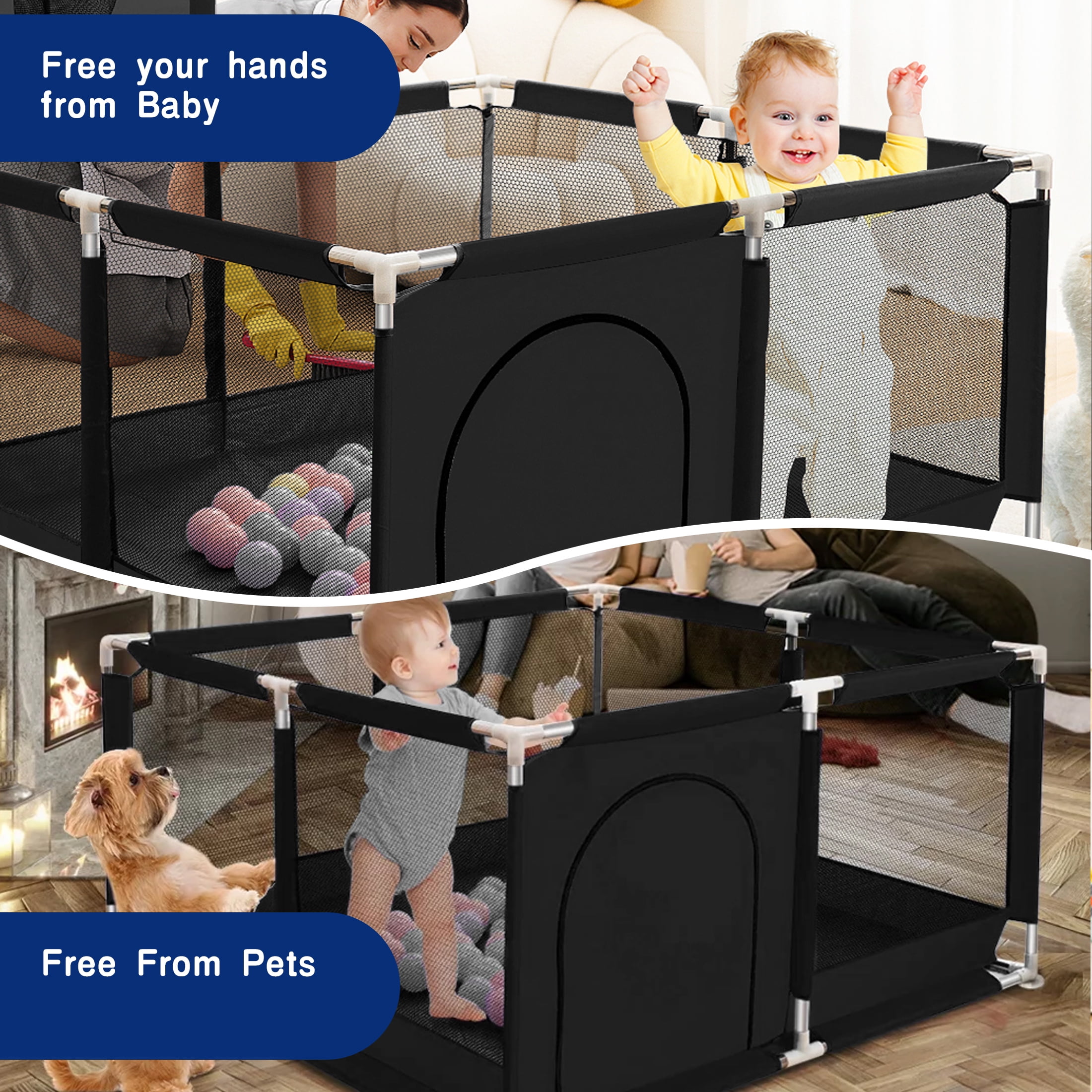 Baby Playpen, Outdoor Play Yard, Portable Play Yard 4-Panel- Baby Safety Playpen for Infant Toddler Black