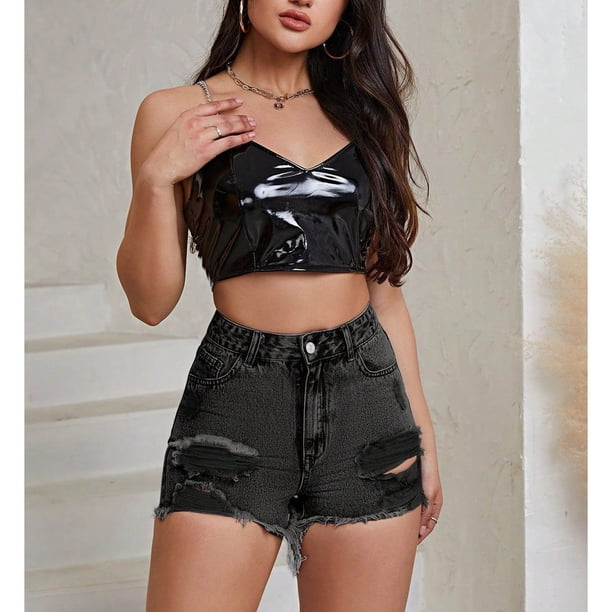 ManxiVoo Women's Comfortable Stretch Denim Shorts with Distressed