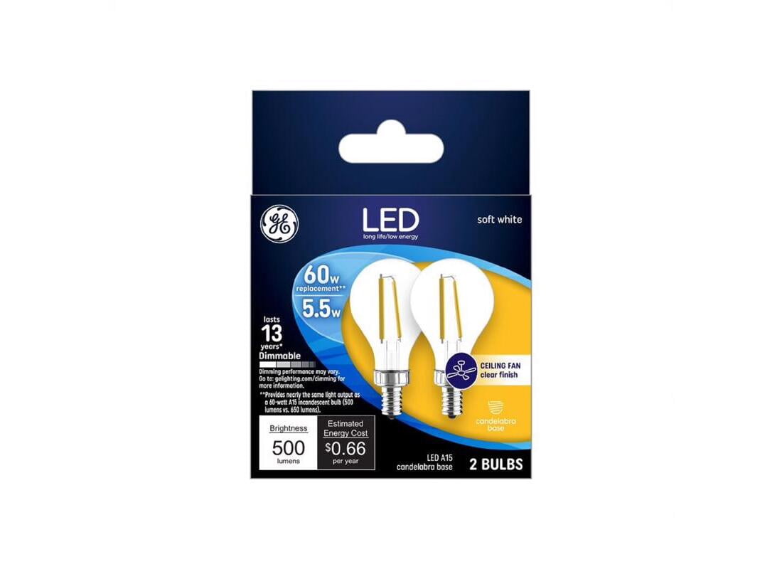 GE 24309 LED Light Bulb A15 E12 (Candelabra) Soft White 60 Watt Equivalence Clear Pair