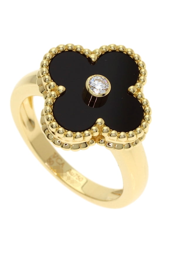 Pre-Owned Van Cleef & Arpels Vintage Alhambra Diamond Onyx Ring #50, 18K Yellow Gold, Women's
