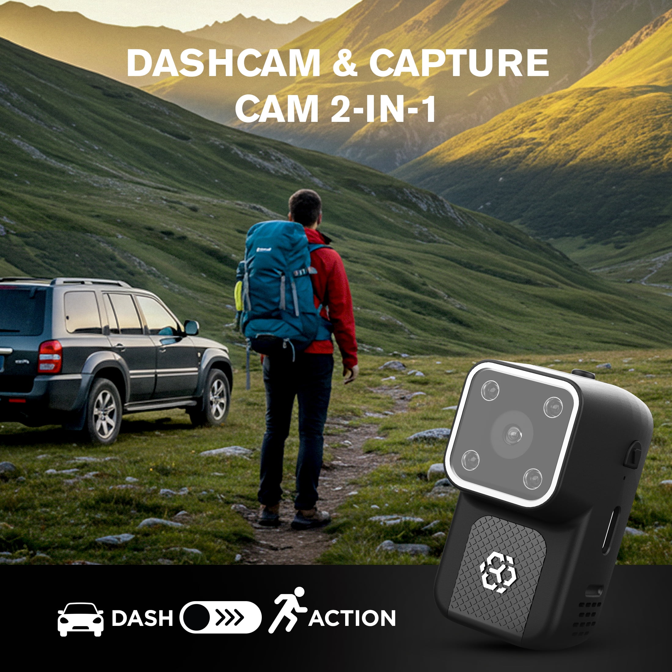 YADA BEON 4K Mini Dash Cam Action Body Cam 2-in-1, App Compatible, WiFi, GPS and Smart G-Sensor, 680mAh Battery, 64GB SD Card Included, BEON3BK