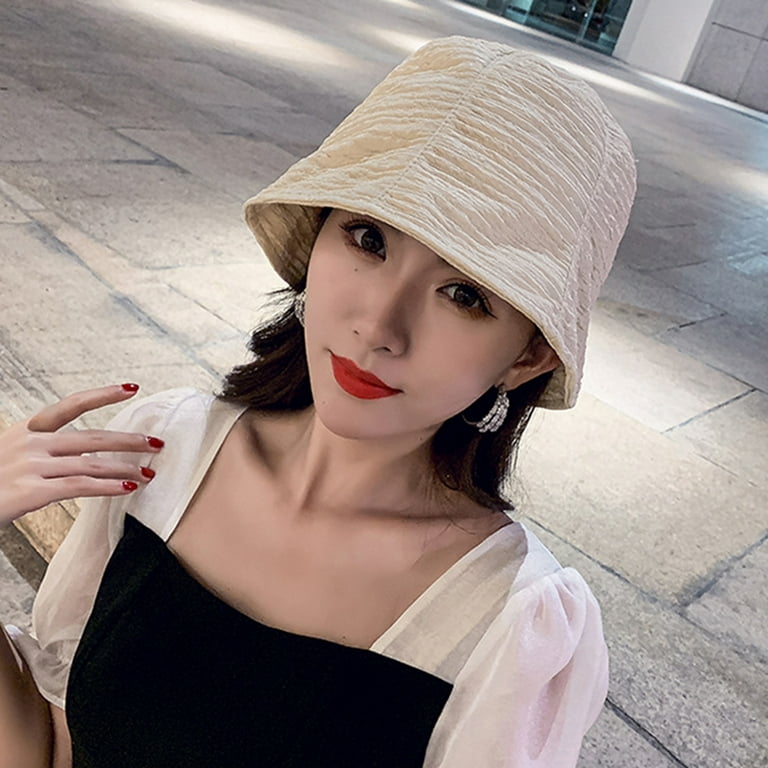 rygai Solid Color Short Brim Flat Dome Bucket Hat Women Summer Thin Pleated  Fisherman Hat Fashion Accessories,Black 