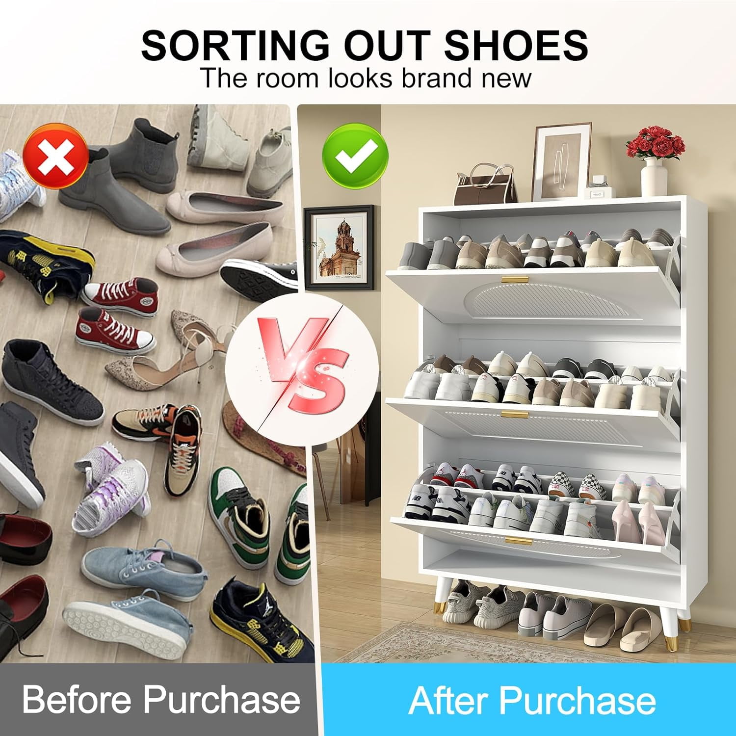 Vinform White Shoe Storage Cabinet for Entryway, Hidden Slim Wooden Shoe Organizer Cabinet with 3 Flip Drawers, Shoe Rack Cabinet for Hallway Living Room