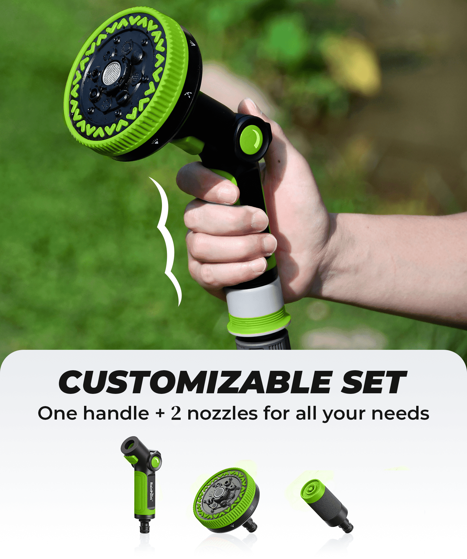 RainPoint Garden Hose Nozzle Thumb Control, Detachable High Pressure 3-Spray Patterns Nozzle and Extra Large 8-Spray Patterns Nozzle for Watering and Cleaning
