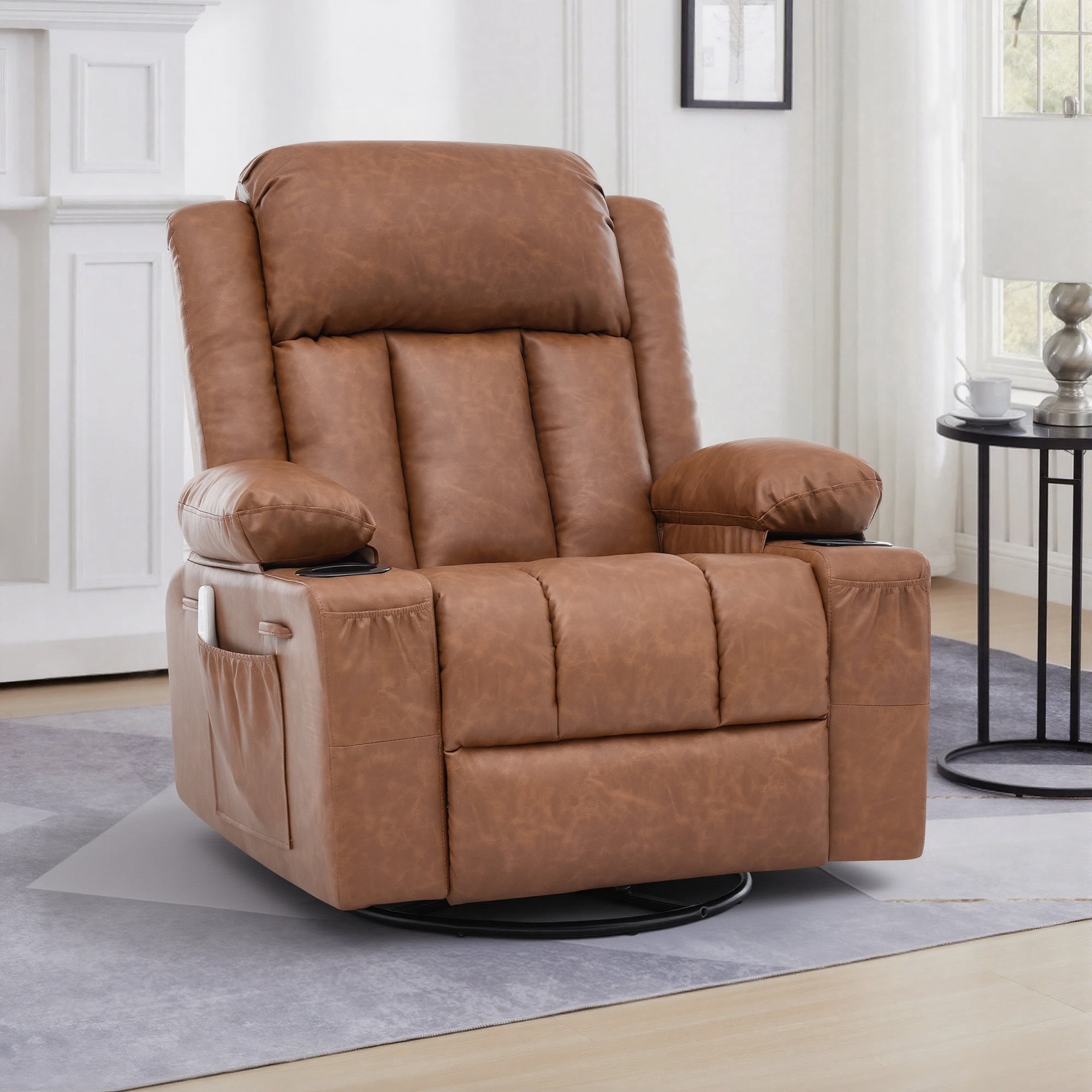 GAOHAPY Rocker Recliner Chair with Heat and Massage,360°Swivel Recliner Chair for Adults Elderly,Oversized Recliner Single Sofa Seat with 2 Cup Holders and Side Pocket(Brown)