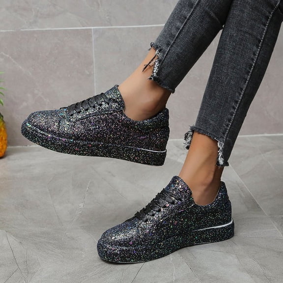 Women's Rhinestone Sneakers Ladies Sequin Round Head Lace Up Flat Sneakers with Glitter Color Black Size 35